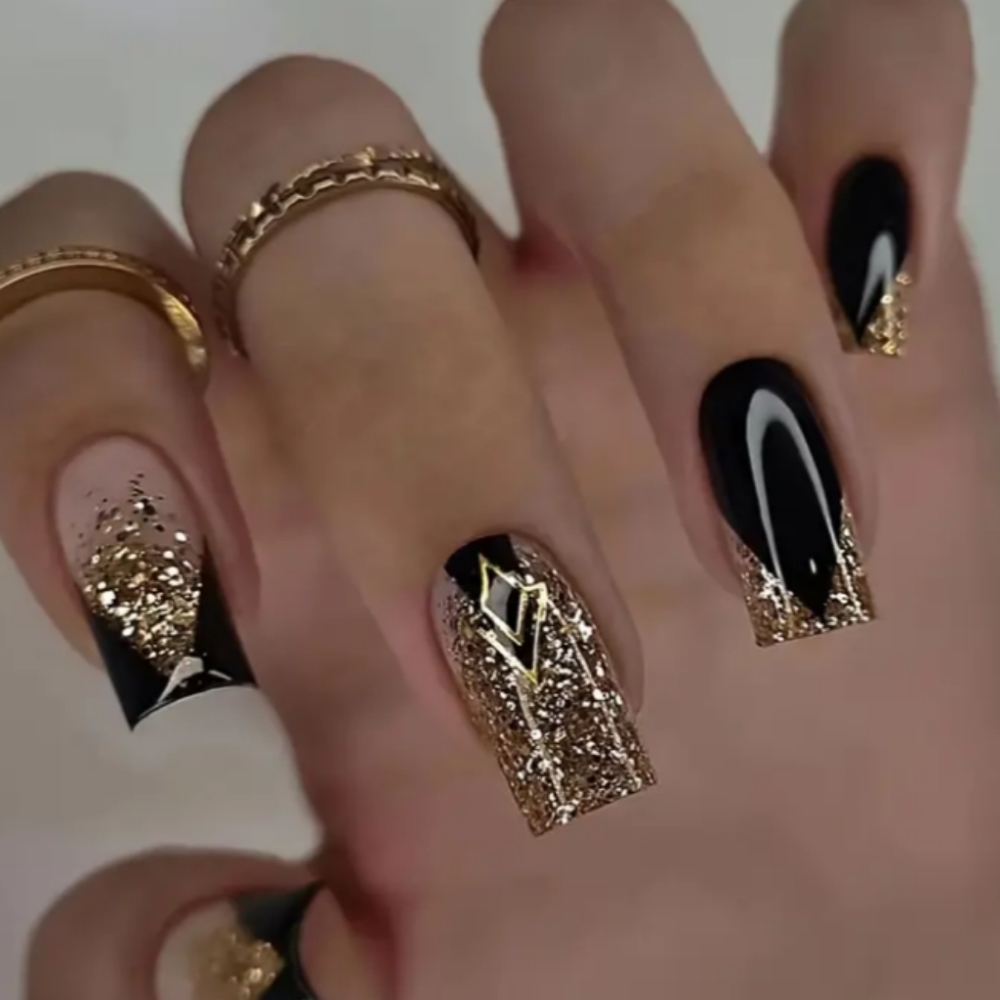 Black & Gold Glitter Press-on Nails